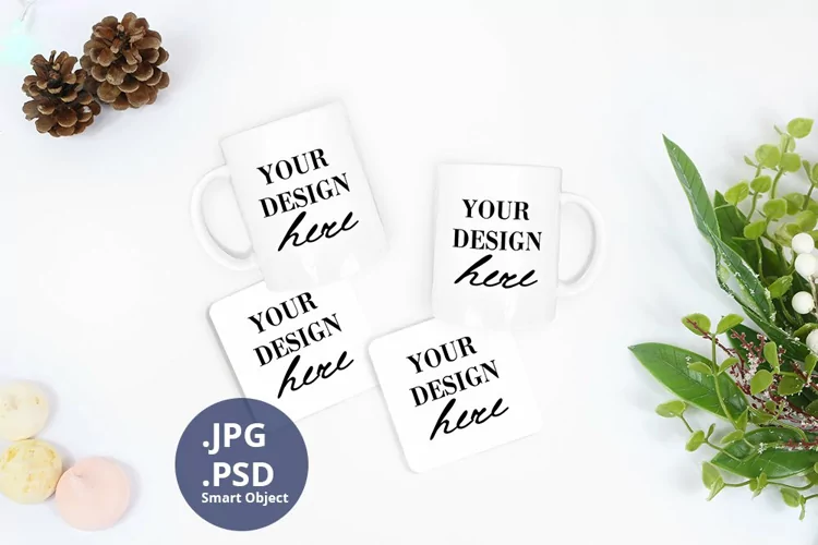 Two mugs and coasters Christmas Mockup PSD, JPG coasters