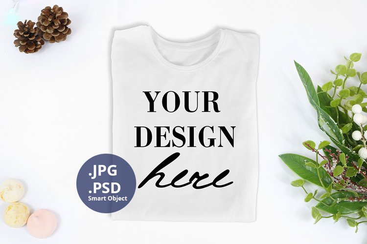 White t-shirt Christmas Mockup PSD, folded t-shirt