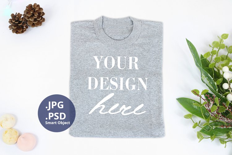 Gray t-shirt Christmas Mockup PSD, folded t-shirt example image 1