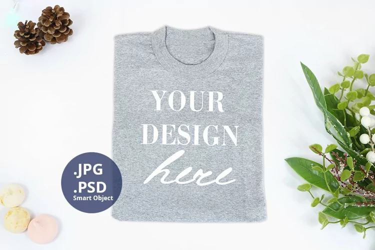 Gray t-shirt Christmas Mockup PSD, folded t-shirt