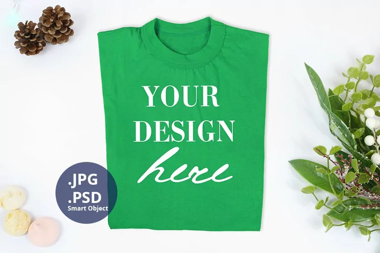 Green t-shirt Christmas Mockup PSD, folded t-shirt