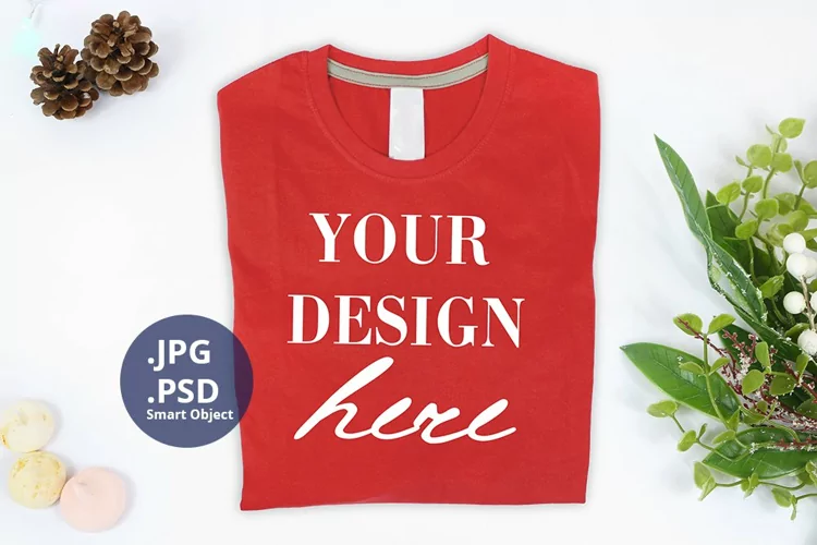 Red t-shirt Christmas Mockup PSD, folded t-shirt