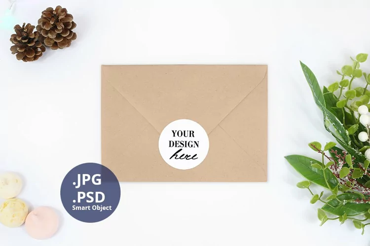 Envelope Top view Christmas Mockup, Winter PSD Mockup