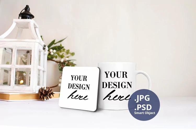 11 oz mug and White Coaster Christmas Mockup, Christmas PSD