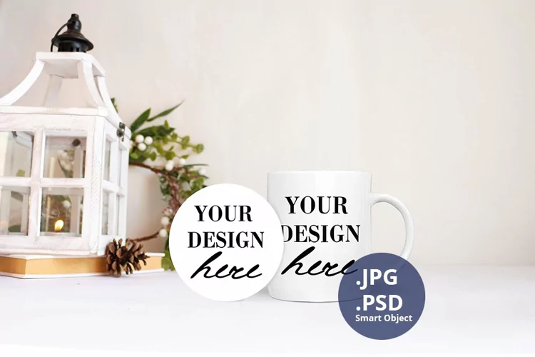 11 oz mug and Round Coaster Christmas Mockup, Christmas PSD