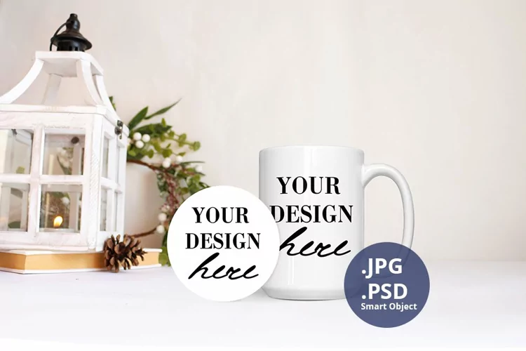 15 oz mug and Round Coaster Christmas Mockup, Christmas PSD