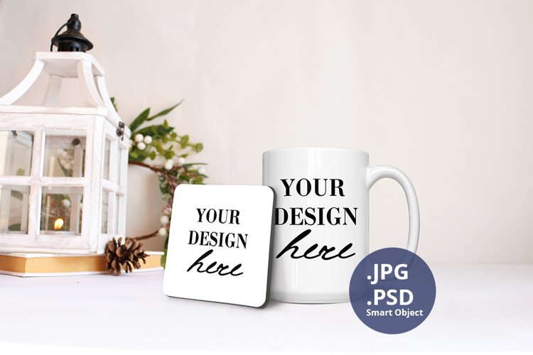 15 oz mug and Square Coaster Christmas Mockup, Christmas PSD example image 1