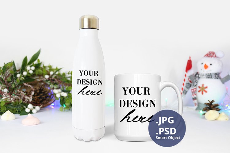 White bottle and 15 oz mug Christmas Mockup, Christmas PSD example image 1