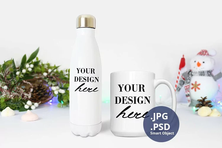 White bottle and 15 oz mug Christmas Mockup, Christmas PSD