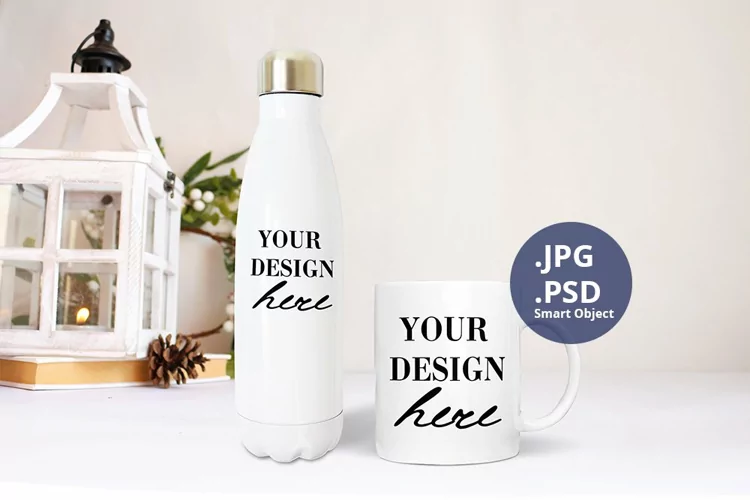 White bottle and 11 oz mug Christmas Mockup, Christmas PSD