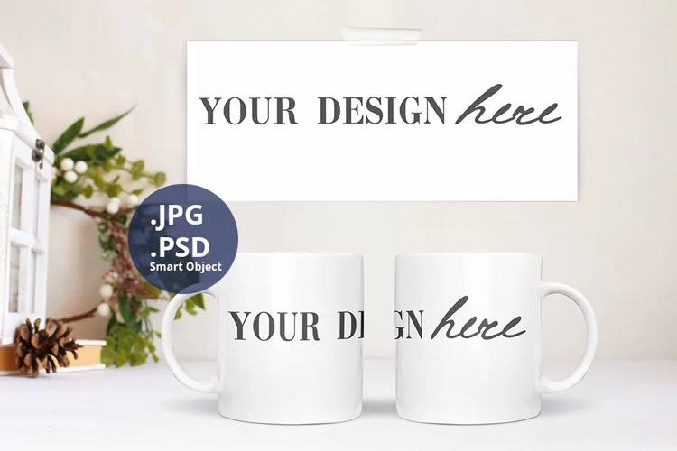 Two White Coffee Mugs and Wrap design Christmas Mockup