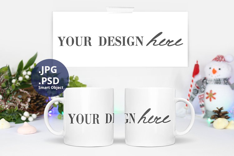Two 11 oz Mugs and Wrap design Christmas Mockup, Psd Mockup example image 1