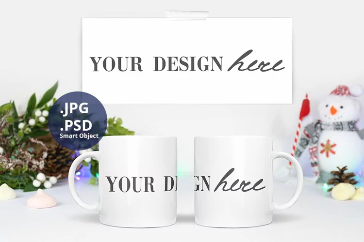 Two 11 oz Mugs and Wrap design Christmas Mockup, Psd Mockup