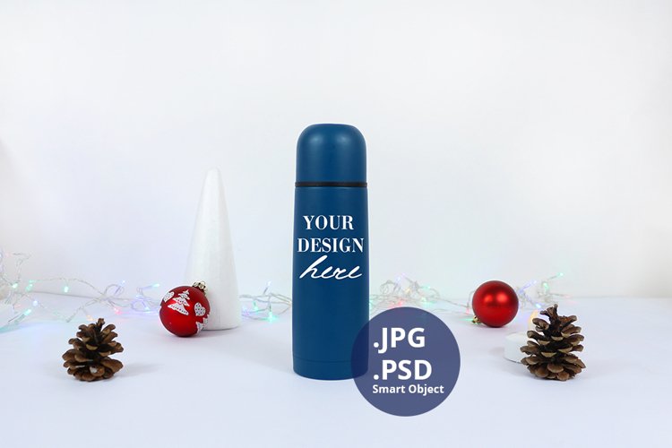 Blue Thermos bottle Christmas Mockup, PSD Mockup JPG example image 1