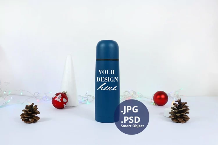 Blue Thermos bottle Christmas Mockup, PSD Mockup JPG