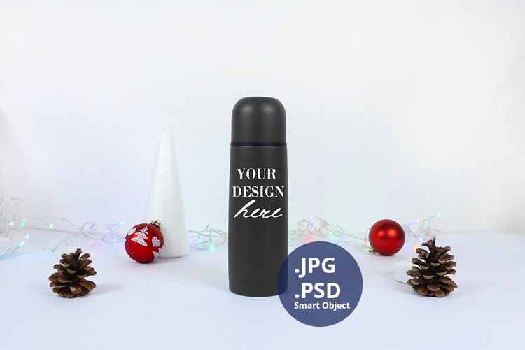 Dark Grey Thermos bottle Christmas Mockup, PSD Mockup JPG example image 1