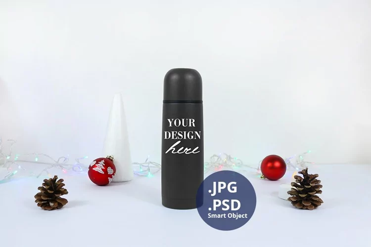 Dark Grey Thermos bottle Christmas Mockup, PSD Mockup JPG