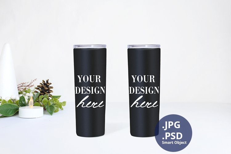 Two Black 20 oz Tumblers Christmas Mockup, PSD Mockup example image 1