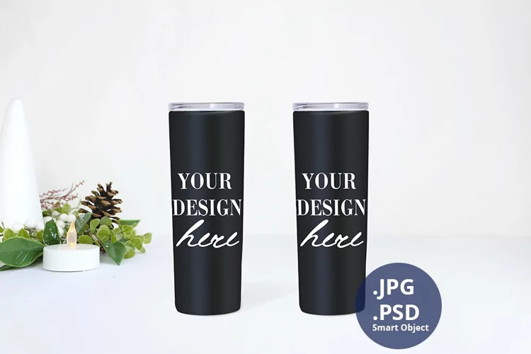 Two Black 20 oz Tumblers Christmas Mockup, PSD Mockup