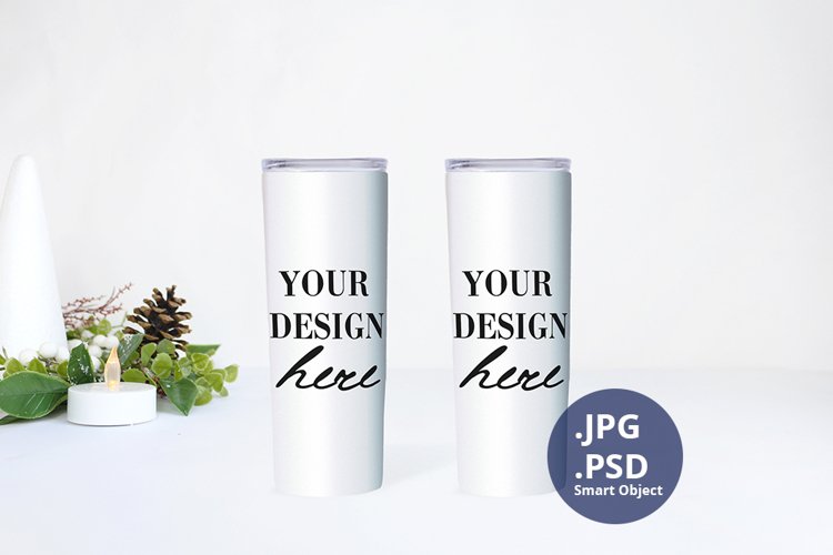 Two White 20 oz Tumblers Christmas Mockup, PSD Mockup example image 1