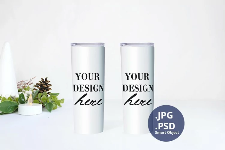 Two White 20 oz Tumblers Christmas Mockup, PSD Mockup