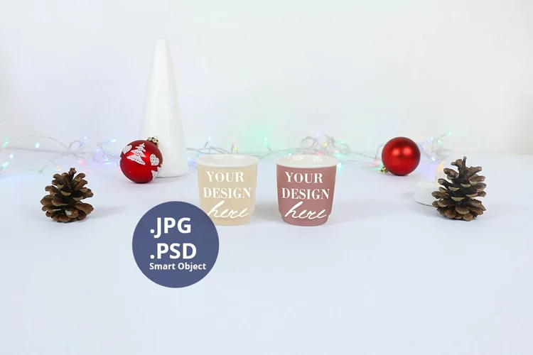 Two Espresso Mugs Christmas Mockup, PSD Mockup JPG