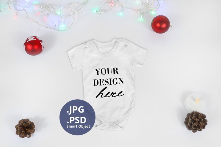 White baby Bodysuit Christmas Mockup, PSD Mockup Flat lay
