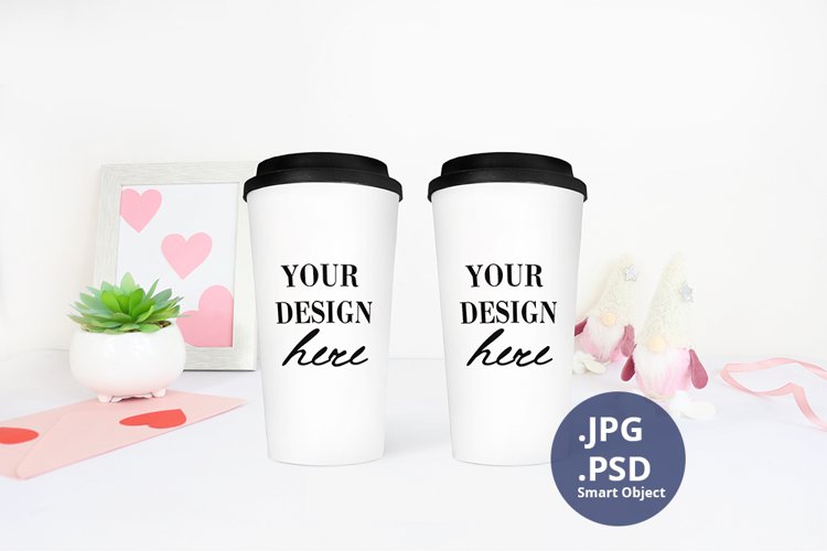 Two Travel Mugs St Valentine's day Mockup, PSD Mockup example image 1