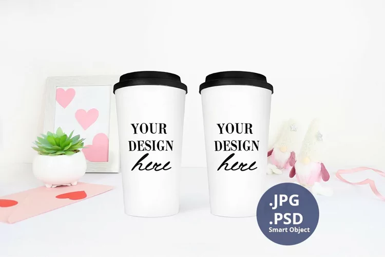 Two Travel Mugs St Valentine's day Mockup, PSD Mockup