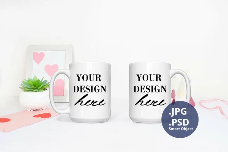 Two 15 oz Mugs St Valentine's day Mockup, PSD Mockup