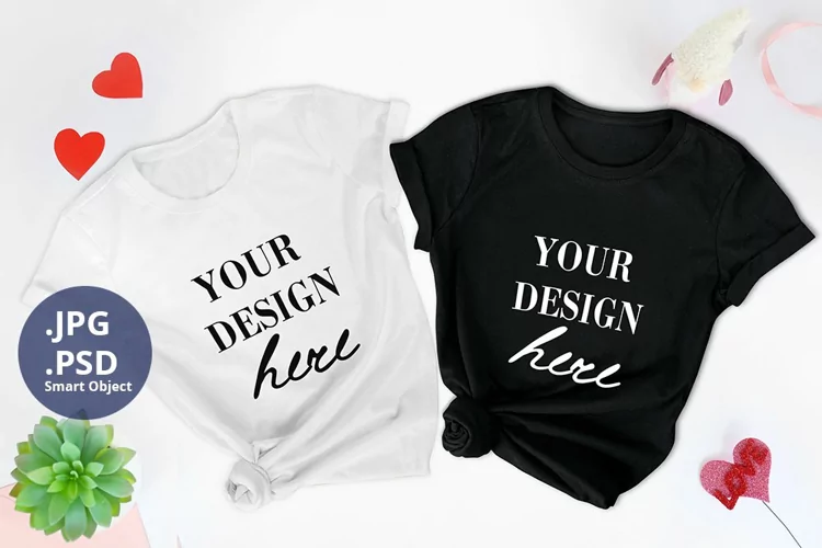 Two T-shirts St Valentine's day Mockup, Flat lay Mockup