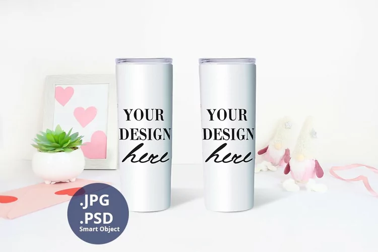 Two White Tumblers Saint Valentine's day Mockup, PSD Mockup