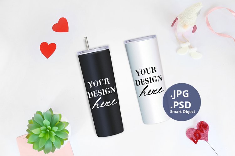 Two Tumblers St Valentines day Mockup, Flat lay Mockup