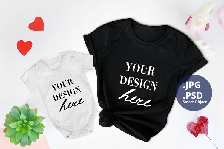 Black T-shirt and Baby Bodysuit St Valentines day Mockup