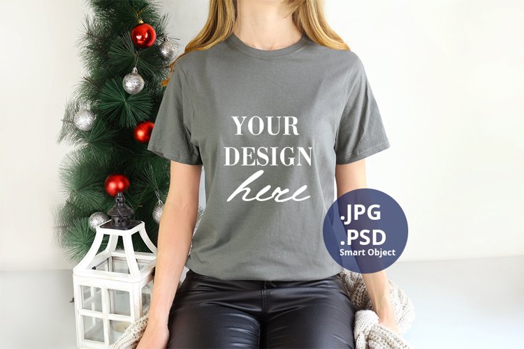 Gray Christmas T-shirt Mockup On Young Woman, PSD Mockup