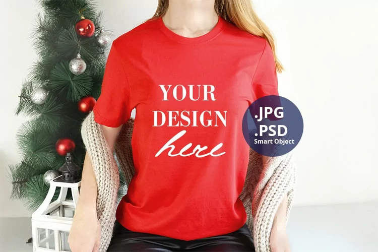 Red Christmas T-shirt Mockup On Young Woman, PSD Mockup