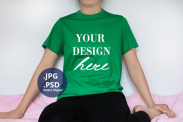 Green T-shirt Mockup on Woman, Plain Background PSD Mockup example image 1