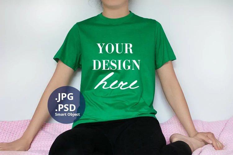 Green T-shirt Mockup on Woman, Plain Background PSD Mockup
