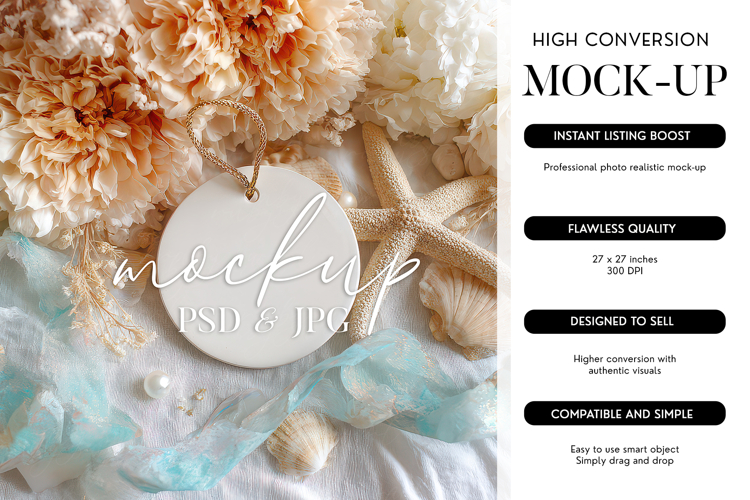 Round Ornament Mockup PSD Smart Object Coastal Beach