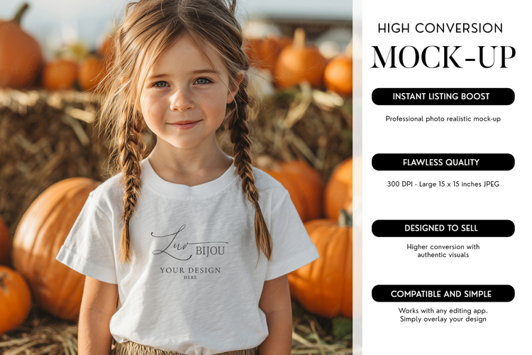 Girl T-Shirt Mockup Blank White Tee Autumn Pumpkin