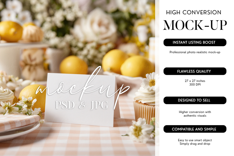 3.5x2 Place Card Mockup PSD Smart Object Lemon Tented