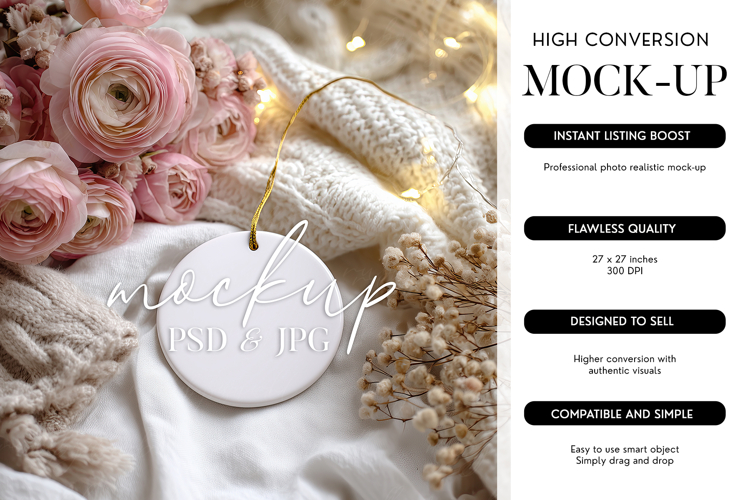Round Ornament Mockup PSD Smart Object Cozy Winter