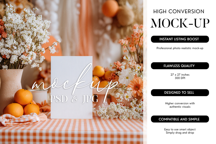 Card Mockup PSD Smart Object Orange Gingham Citrus