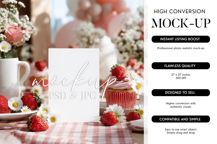 Card Mockup PSD Smart Object Strawberry Picnic Summer