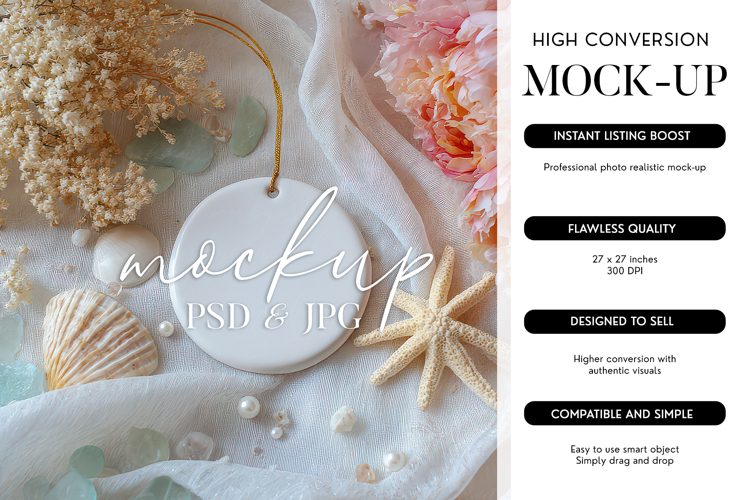 Round Ornament Mockup PSD Smart Object Sea Glass Beach
