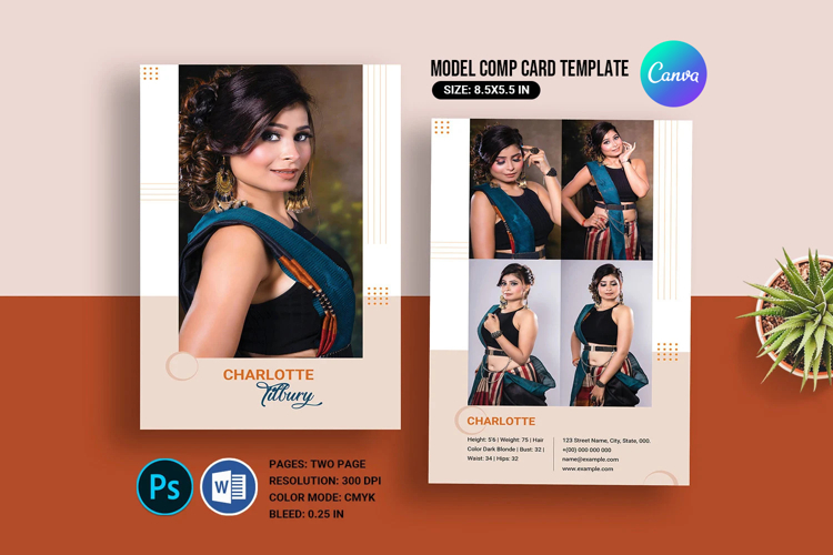 Showcase your modeling portfolio with a clean, professional comp card template. Perfect for models, actors, talent agencies, and casting submissions. Easily customize photos, measurements, and contact details for a polished presentation.