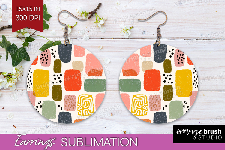 Modern Boho Round Earrings - Doodle Texture PNG Sublimation