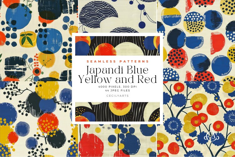 44 Modern Japandi Blue Yellow and Red Seamless Patterns