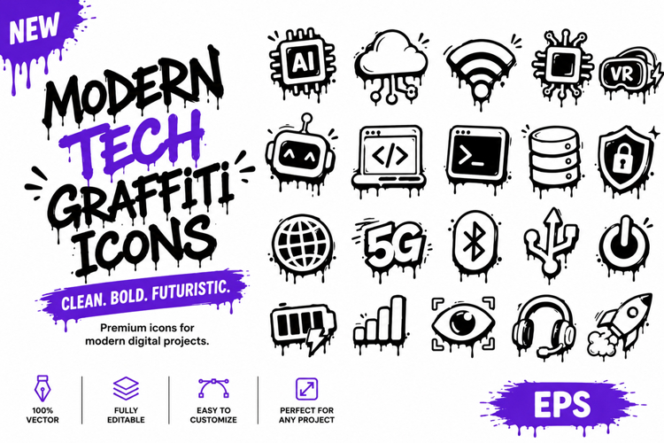 Modern Tech Graffiti Icons Bundle AI   Digital Symbol Vector