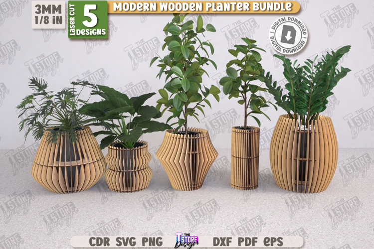 Modern Wooden Planter Laser Cut Bundle, Wooden Flower Vase